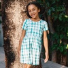 image:imageLands End Girls Short Sleeve Gathered Waist Jersey DressWhiteTeal Plaid
