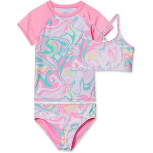 image:imageLands End Girls Chlorine Resistant Short Sleeve Rash Guard Swim Top and Bikini SetLight Pink Multi Swirl
