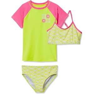 image:imageLands End Girls Chlorine Resistant Short Sleeve Rash Guard Swim Top and Bikini SetNeon Yellow Floral Check
