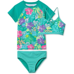 image:imageLands End Girls Chlorine Resistant Short Sleeve Rash Guard Swim Top and Bikini SetTeal Tropical Floral