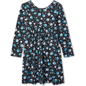 image:imageLands End Girls Long Sleeve Gathered Waist Jersey DressBlack Watercolor Planets