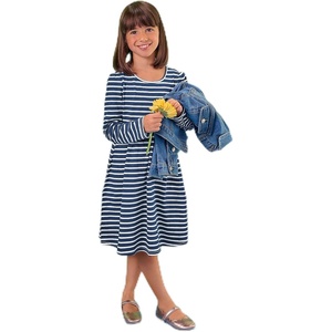 image:imageLands End Girls Long Sleeve Gathered Waist Jersey DressNavyWhite Stripe