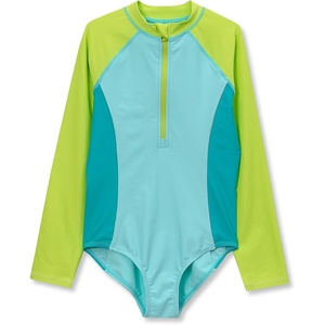 image:imageLands End Girls Long Sleeve Half Zip One Piece UPF 50 SwimsuitBlueYellow Colorblock