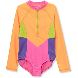 image:imageLands End Girls Long Sleeve Half Zip One Piece UPF 50 SwimsuitOrangePink Colorblock