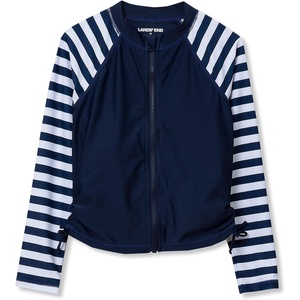 image:imageLands End Girls Long Sleeve Zip Front UPF 50 Rash GuardDeep Sea Navy Stripes