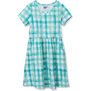 image:imageLands End Girls Short Sleeve Gathered Waist Jersey DressWhiteTeal Plaid