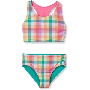 image:imageLands End Girls Wrap Front Bikini Swimsuit SetPinkTeal Multi Plaid