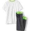 image:imageLands End Kids Short Sleeve Top and Jogger Bottom Pajama SetOatmeal Dino Stripes