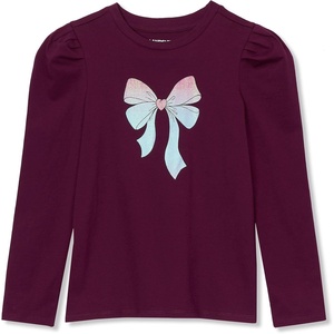 image:imageLands End Girls Long Sleeve Graphic Tee with Puff ShoulderGlitter BowPlum