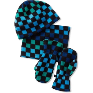 image:imageLands End Kids Cozy Fleece HatScarfGloves SetGradient CheckMidnight Blue