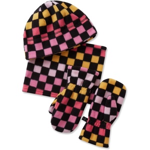 image:imageLands End Kids Cozy Fleece HatScarfGloves SetGradient CheckRaspberry