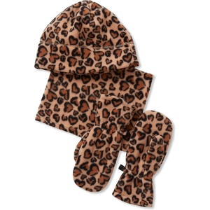 image:imageLands End Kids Cozy Fleece HatScarfGloves SetTan Cheetah Hearts