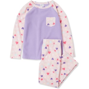 image:imageLands End Kids Long Sleeve Pocket Fleece Pajama SetPink Watercolor Hearts