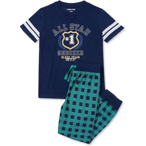 image:imageLands End Kids Short Sleeve Top and Jogger Bottom Pajama SetNavy All Star Plaid