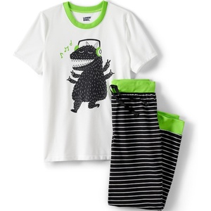 image:imageLands End Kids Short Sleeve Top and Jogger Bottom Pajama SetOatmeal Dino Stripes
