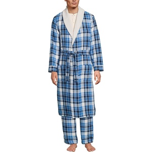 image:imageLands End Mens Sherpa Fleece Lined Flannel RobeMuted Cobalt Blue Plaid
