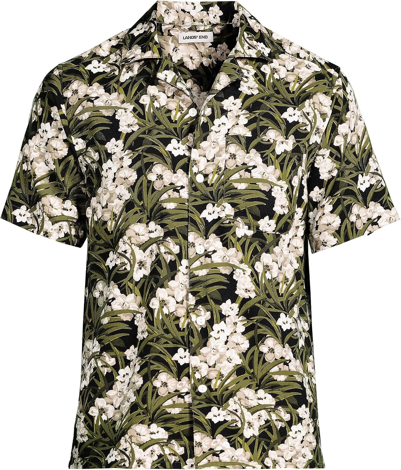 image:imageLands End Mens Short Sleeve Camp Collar Hawaiian ShirtVintage LimeIvory Floral