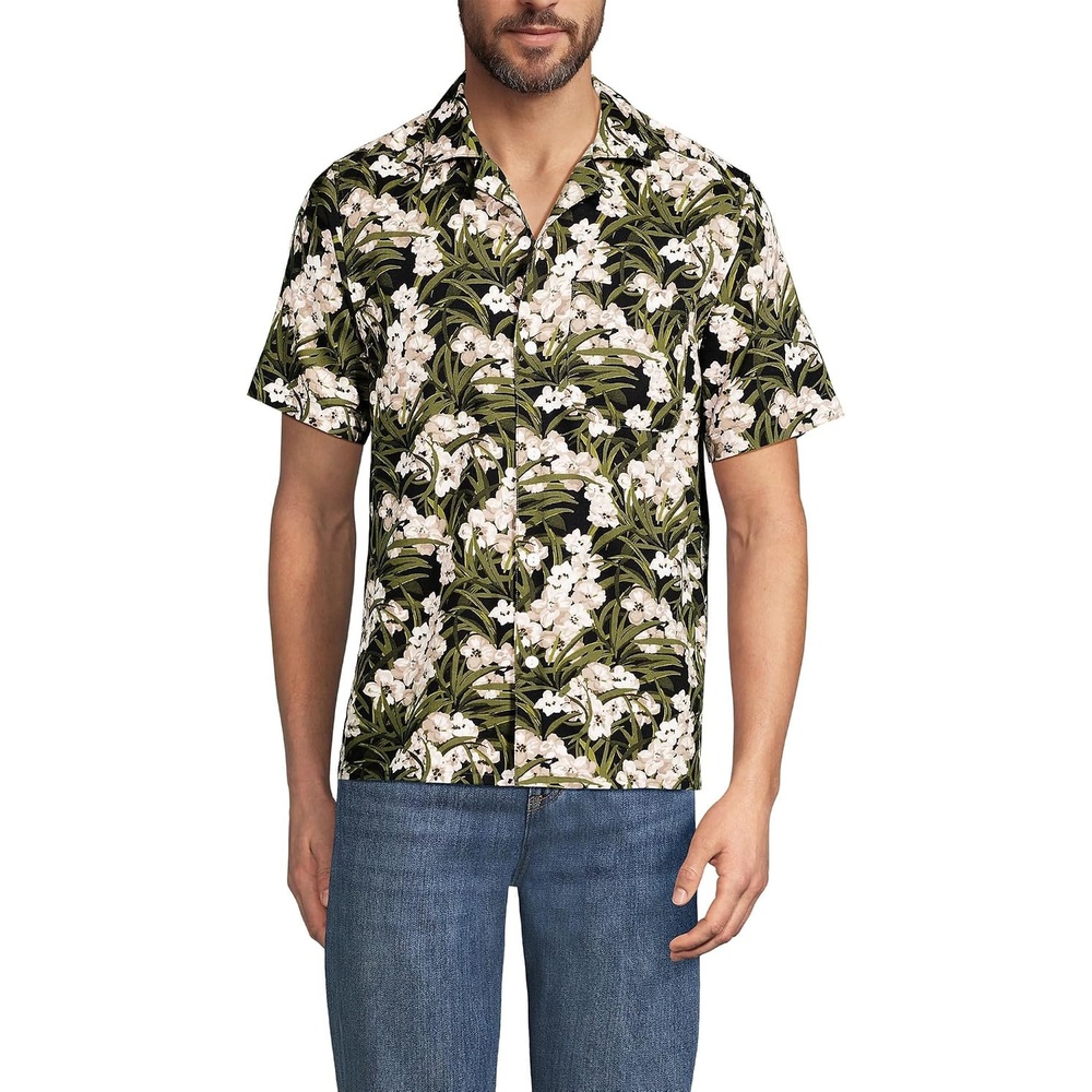 image:imageLands End Mens Short Sleeve Camp Collar Hawaiian ShirtVintage LimeIvory Floral