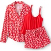 image:imageLands End Womens Cooling 3 Piece Pajama Set  Long Sleeve Top Cami and ShortsCoral Red Blooms