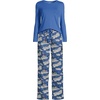 image:imageLands End Womens Pajama Set Knit Long Sleeve TShirt and Flannel PantsCobalt Blue Holiday Penguins