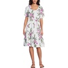 image:imageLands End Womens Puff Sleeve Pleated Linen Knee Length DressWhiteMagenta Plumeria