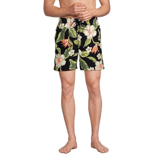 image:imageLands End Mens 7 Inch Volley Hydroliner Swim TrunksHibiscus FloralBlack
