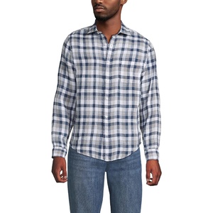 image:imageLands End Mens Long Sleeve Linen ShirtLight Indigo BlueTan Plaid