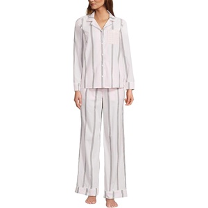 image:imageLands End Womens Cotton Poplin 2 Piece Pajama Set  Long Sleeve Top and PantsSea Salt PinkCoffee Stripe