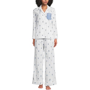 image:imageLands End Womens Cotton Poplin 2 Piece Pajama Set  Long Sleeve Top and PantsWhiteBlue Floral Stripe