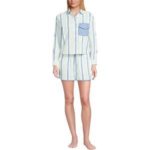 image:imageLands End Womens Cotton Poplin 2 Piece Pajama Set  Long Sleeve Top and Shorts with PipingIcy MintMuted Cobalt Stripe