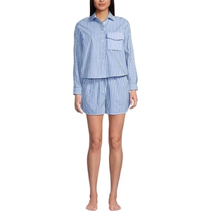 image:imageLands End Womens Cotton Poplin 2 Piece Pajama Set  Long Sleeve Top and Shorts with PipingMuted CobaltPink Stripe