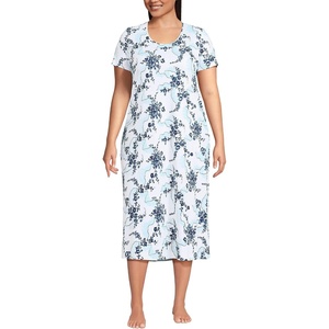 image:imageLands End Womens Cotton Short Sleeve Midcalf NightgownWhiteMuted Cobalt Lace Floral