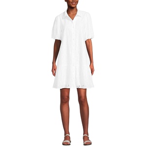 image:imageLands End Womens Elbow Sleeve Eyelet Knee Length Shirt DressWhite Floral Eyelet