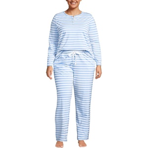 image:imageLands End Womens Knit 2 Piece Pajama Set  Long Sleeve Top and PantsClear Blue Sky Even Stripe