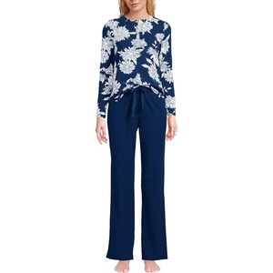 image:imageLands End Womens Knit 2 Piece Pajama Set  Long Sleeve Top and PantsDeep Sea Navy Daisies