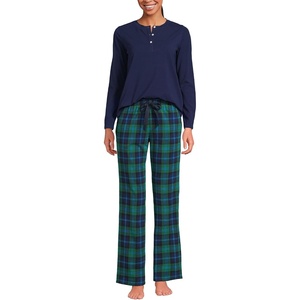 image:imageLands End Womens Knit 2 Piece Pajama Set  Long Sleeve Top and PantsLight Emerald Blackwatch