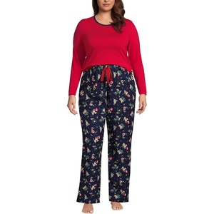 image:imageLands End Womens Pajama Set Knit Long Sleeve TShirt and Flannel PantsDeep Sea Navy Holiday Pups