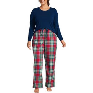 image:imageLands End Womens Pajama Set Knit Long Sleeve TShirt and Flannel PantsHeritage Red Plaid
