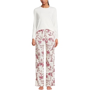 image:imageLands End Womens Pajama Set Knit Long Sleeve TShirt and Flannel PantsIvoryRed Winter Village