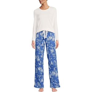 image:imageLands End Womens Pajama Set Knit Long Sleeve TShirt and Flannel PantsMuted Cobalt Winter Village