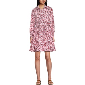 image:imageLands End Womens Poplin Button Front Dress with GodetsWhiteCoral Red Painted Posies