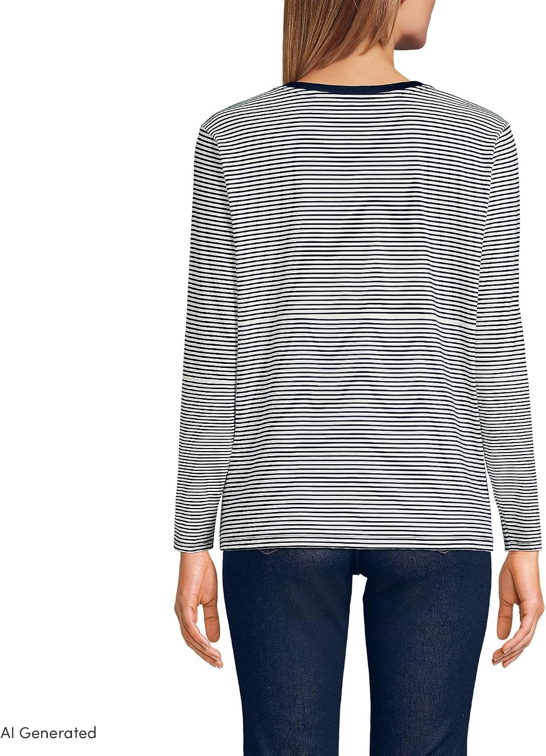 image:imageLands End Womens Supima Long Sleeve VNeck Tee  AmericanGrown Supima Cotton Relaxed Fit Straight Hem Tagless Layering Petite and Plus SizesDeep SeaIvory Micro Stripe