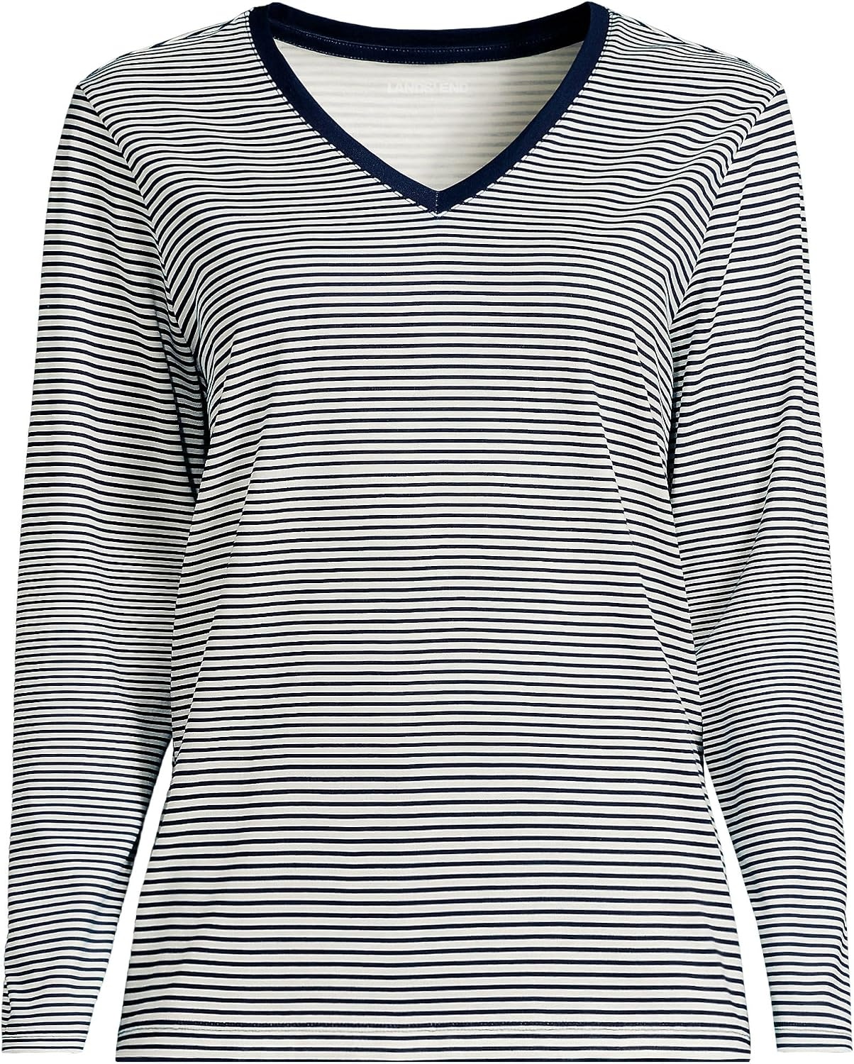 image:imageLands End Womens Supima Long Sleeve VNeck Tee  AmericanGrown Supima Cotton Relaxed Fit Straight Hem Tagless Layering Petite and Plus SizesDeep SeaIvory Micro Stripe