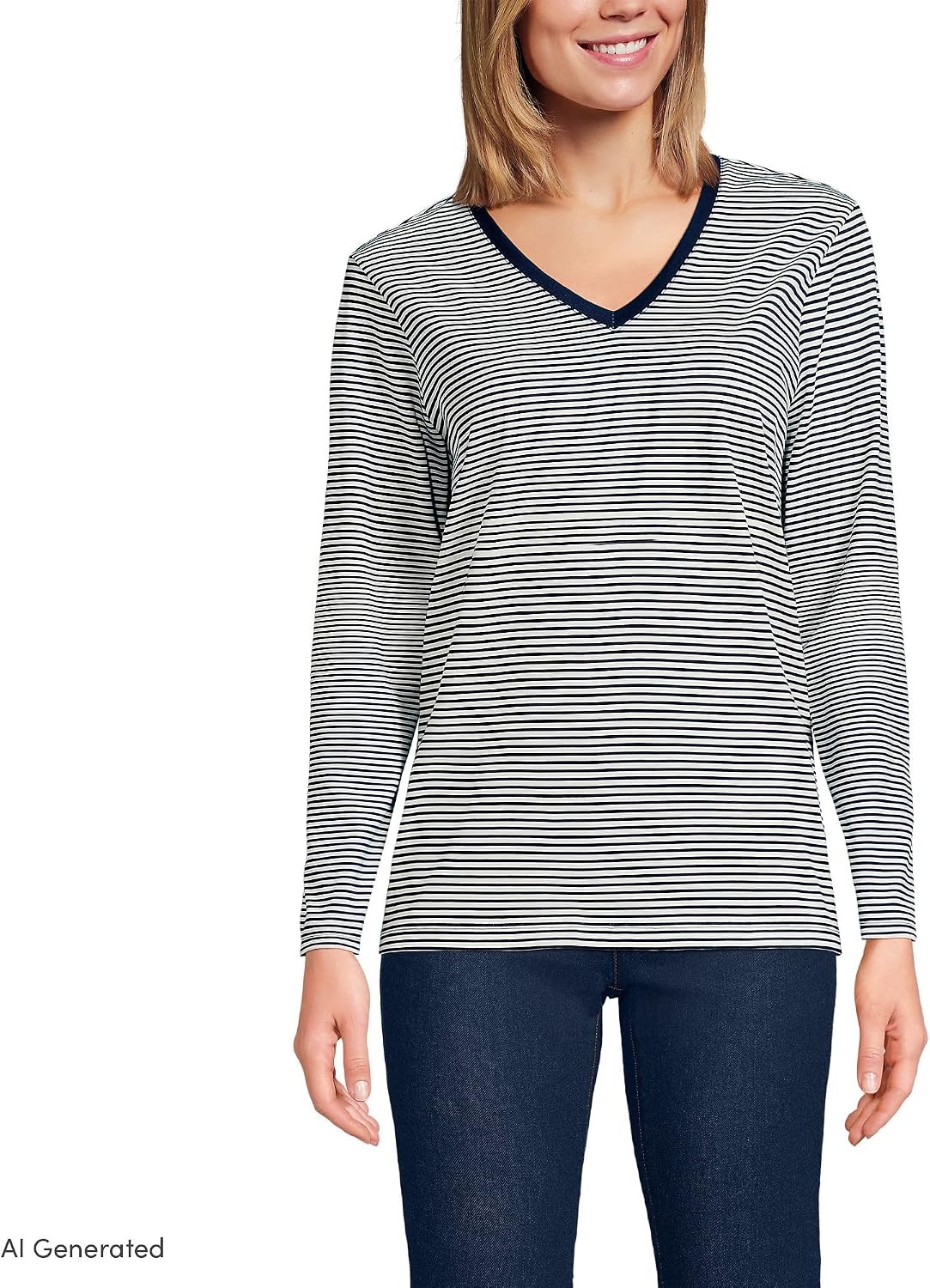 image:imageLands End Womens Supima Long Sleeve VNeck Tee  AmericanGrown Supima Cotton Relaxed Fit Straight Hem Tagless Layering Petite and Plus SizesDeep SeaIvory Micro Stripe