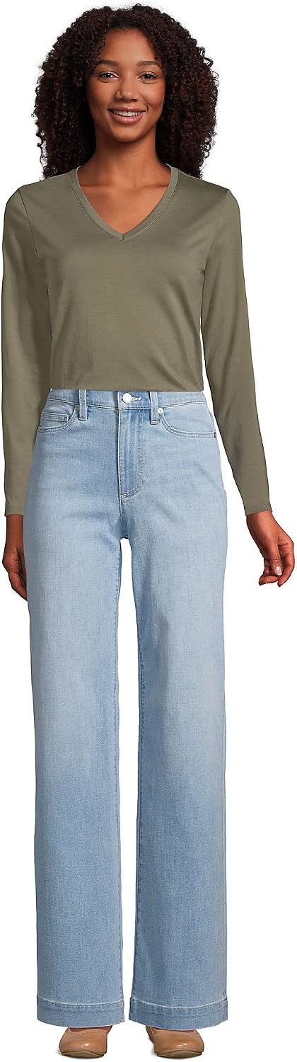 image:imageLands End Womens Supima Long Sleeve VNeck Tee  AmericanGrown Supima Cotton Relaxed Fit Straight Hem Tagless Layering Petite and Plus SizesForest Moss