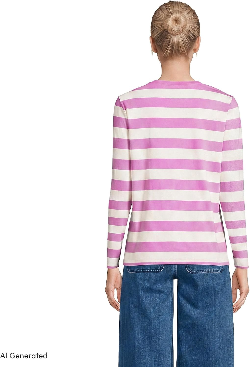 image:imageLands End Womens Supima Long Sleeve VNeck Tee  AmericanGrown Supima Cotton Relaxed Fit Straight Hem Tagless Layering Petite and Plus SizesIvoryAster Pink Bold Stripe