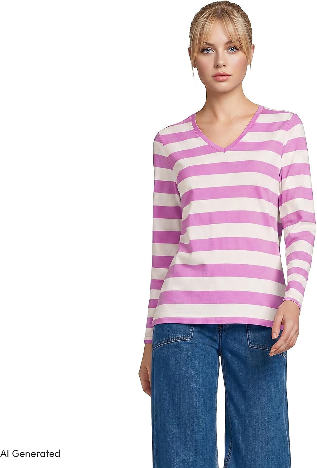 image:imageLands End Womens Supima Long Sleeve VNeck Tee  AmericanGrown Supima Cotton Relaxed Fit Straight Hem Tagless Layering Petite and Plus SizesIvoryAster Pink Bold Stripe
