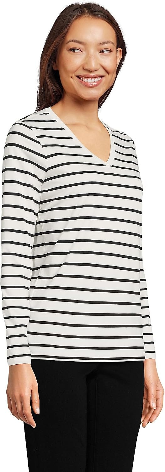 image:imageLands End Womens Supima Long Sleeve VNeck Tee  AmericanGrown Supima Cotton Relaxed Fit Straight Hem Tagless Layering Petite and Plus SizesIvoryBlack Breton Stripe