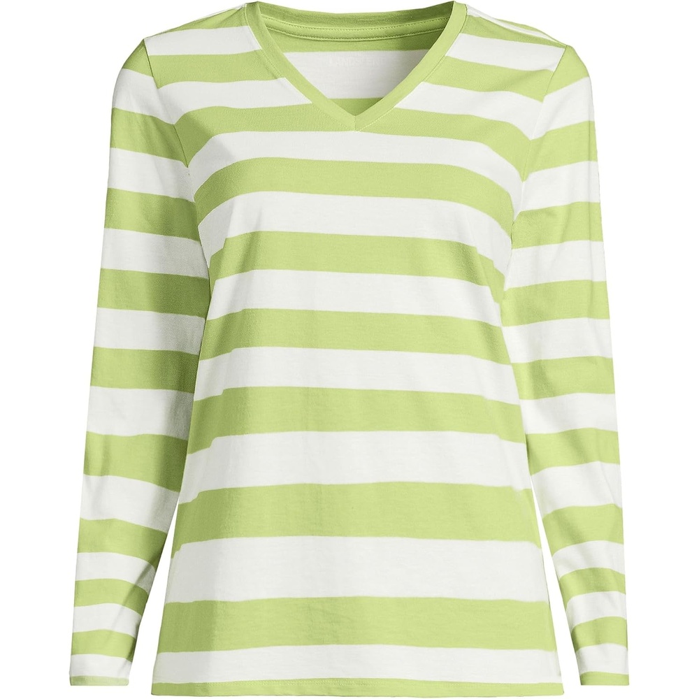 image:imageLands End Womens Supima Long Sleeve VNeck Tee  AmericanGrown Supima Cotton Relaxed Fit Straight Hem Tagless Layering Petite and Plus SizesIvoryApple Green Bold Stripe