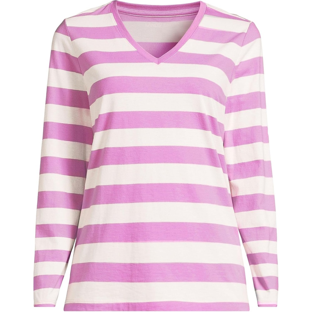 image:imageLands End Womens Supima Long Sleeve VNeck Tee  AmericanGrown Supima Cotton Relaxed Fit Straight Hem Tagless Layering Petite and Plus SizesIvoryAster Pink Bold Stripe